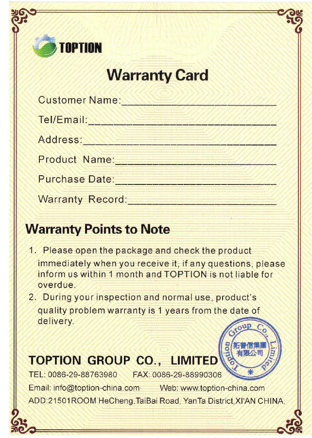 rotary evaporator warranty card
